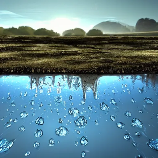 Prompt: water dripping up from a river into the blue sunny sky, desolate land, hyper detailed photorealistic