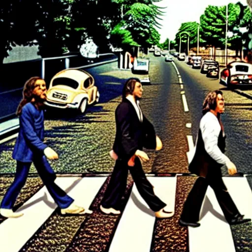 Prompt: abbey road with the three stooges,