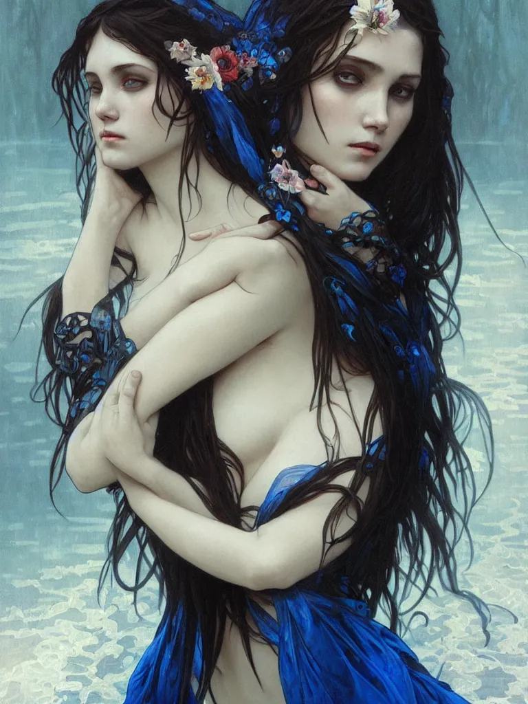 Prompt: detailed painting of sad bride in scary black standing in the river, gloomy, cobalt blue gemstones floating in the river, art by artgerm and greg rutkowski and alphonse mucha