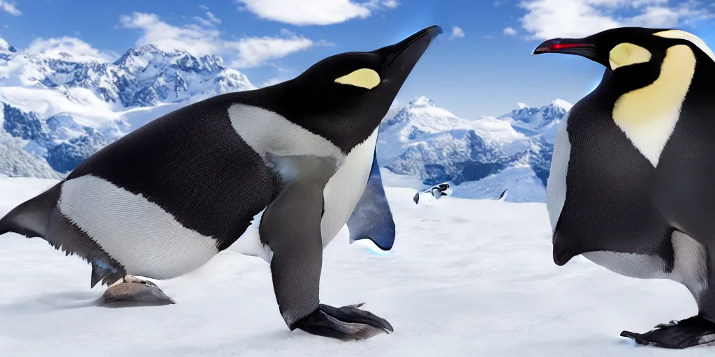 Prompt: ultrawide angle, high speed sporting photography of a penguin on a snowboard. extremely detailed, 8 k