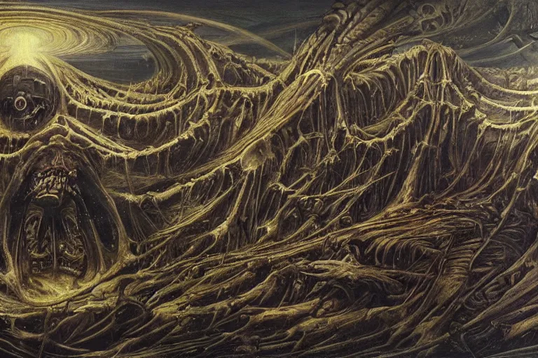 Prompt: a painting of a supreme calamity, apocalypse, end of the world, painting by h. r. giger, super high detail, cosmos perspective, unimaginable composition, sharp focus