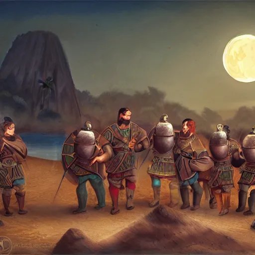 Image similar to A group of armoured Spanish conquistadors holding lanterns on a sandy beach Cove in middle of a magical forest in a dark night. Inca ruins in the background. Pale crescent moon in the sky. detailed digital painting, artstation