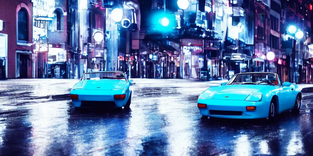 Image similar to blue porsche 9 1 4 convertable on a rainy city street, neon lights glowing, cinematic, ultrarealisitc, 4 k