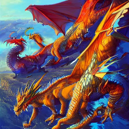 Prompt: wild dragons in an azure sky, artwork by android jones