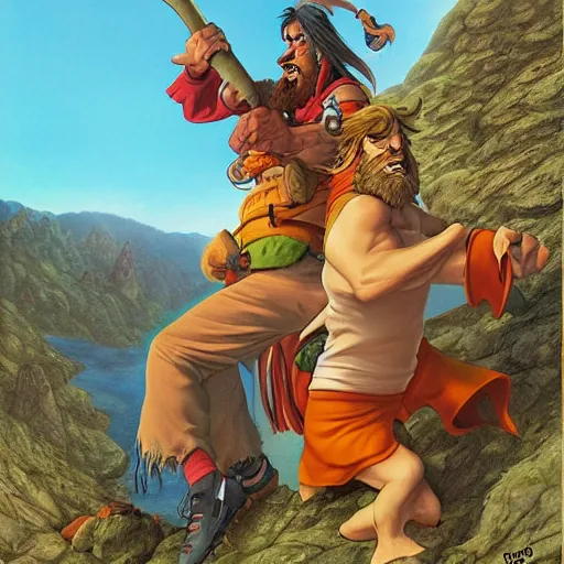 Image similar to groo the wanderer and rufferto in an epic pose on top of a mountain painted by alex ross