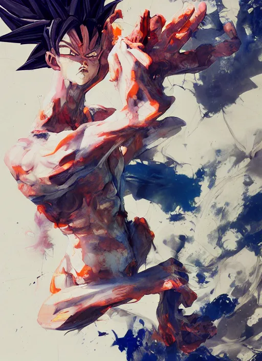 Image similar to surreal gouache gesture painting, by yoshitaka amano, by ruan jia, by Conrad roset, by good smile company, detailed anime 3d render of a gesture draw pose for Goku, portrait, cgsociety, artstation, gesture draw, rococo mechanical, Digital reality, sf5 ink style, dieselpunk atmosphere, gesture drawn