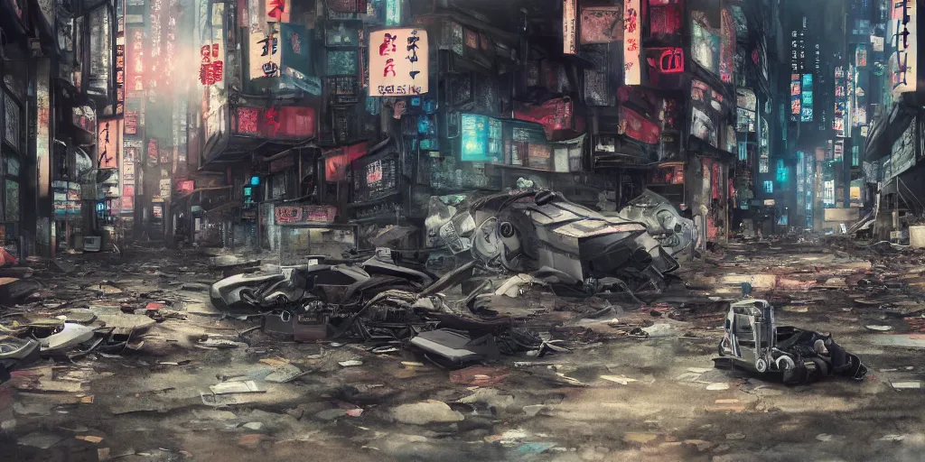 Prompt: a broken robot lying in deserted shinjuku junk town, watercolor, ghost in the shell, soft bloom lighting, paper texture, movie scene, cyberpunk, animatronic, black smoke, pale, beige sky pencil marks, hd, 4k, remaster, dynamic camera angle, deep 3 point perspective, fish eye, dynamic scene