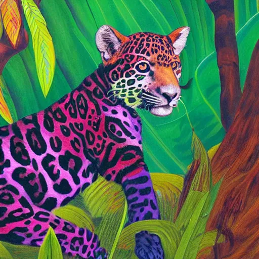 Prompt: a velvet painting of a colorful jaguar in a jungle scene by edgar leeteg