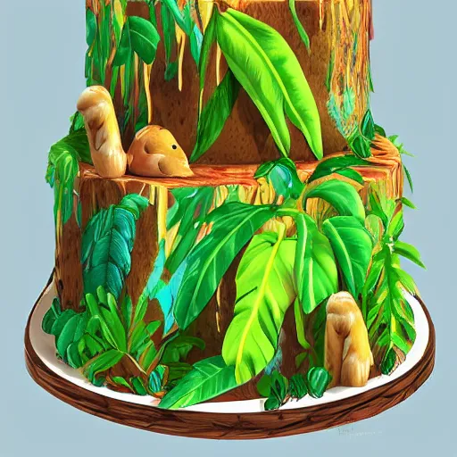 Image similar to jungle cake, ultra realistic, ultra detailed, lush, beautiful, digital art,