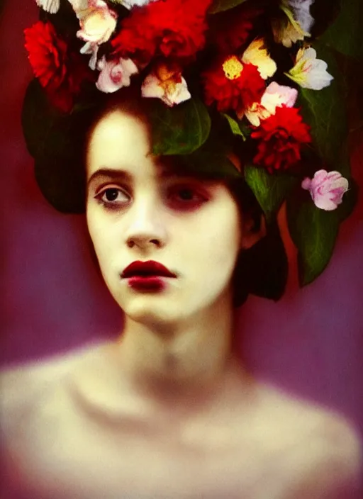 Image similar to stunning young girl With flowers in her hair, fine art portrait photography by Sarah Moon