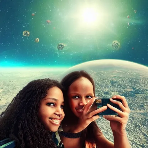 Image similar to “ very very intricate photorealistic photo of our humanoid descendants in the year 2 2 0 0 taking a selfie on their sci - fi planet, award - winning crisp details ”