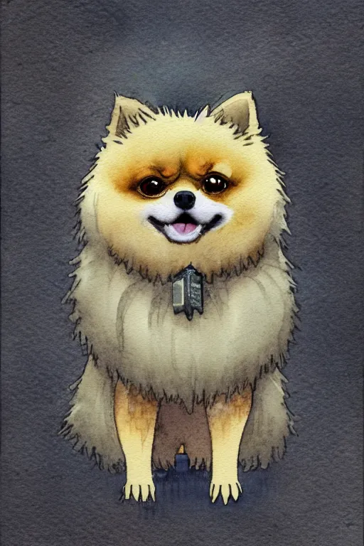 Prompt: a simple and atmospheric watercolour fantasy character concept art portrait of a robotic pomeranian as a druidic warrior wizard looking at the camera with an intelligent gaze, very muted colors, by studio ghibli