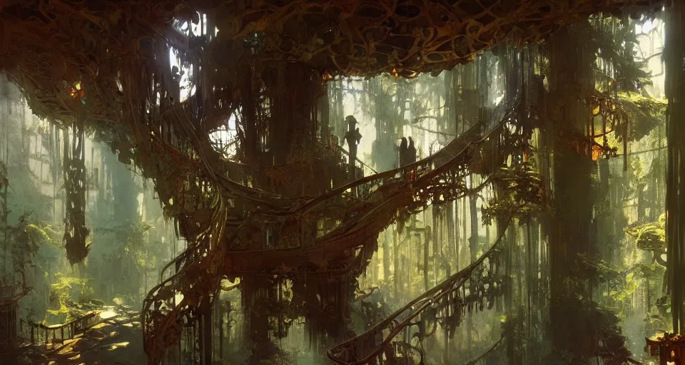 Image similar to treehouse interior hall, intricate, elegant, highly detailed, vivid colors, john harris, frazetta, tyrus wong, ruan jia, jeffrey catherine jones