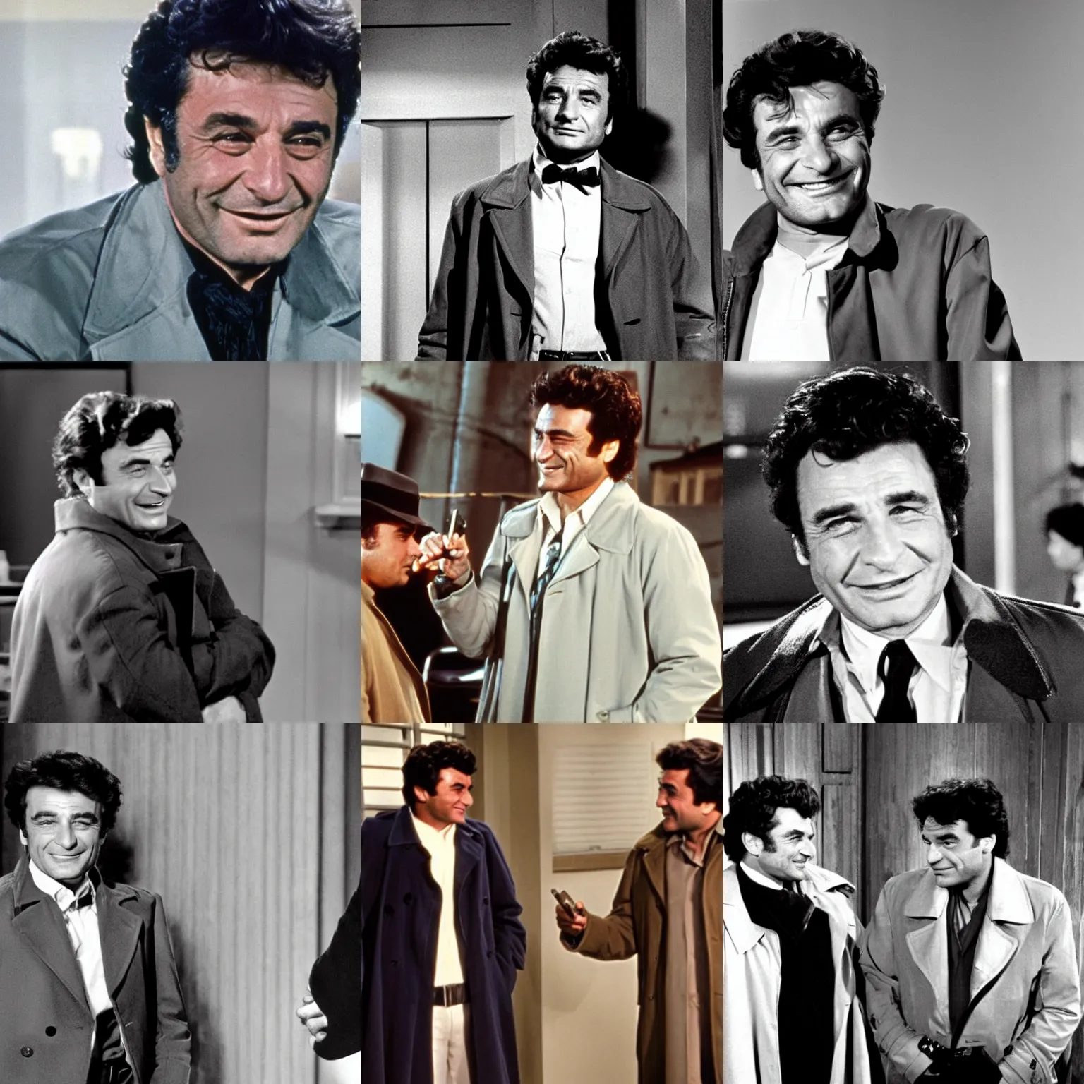 Prompt: a young peter falk as detective columbo in his trenchcoat, smiling, talking to anakin skywalker