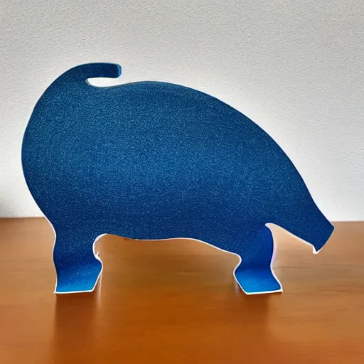 Image similar to a minimalist curvy shaped sculpture of hippopotamus!, ( ( wood ) ) and ( ( blue epoxy ) ) on top mix, cubic blocks stripes cuts, side view profile centered, studio, design, object, reddit