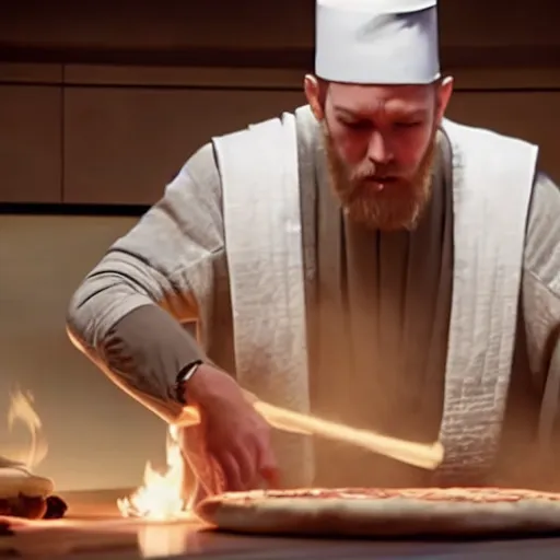 Image similar to A still of Ben Kenobi making a pizza, 4k, photograph, ultra realistic, highly detailed, professional lighting