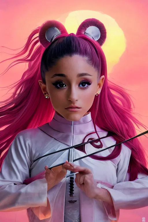 Prompt: highly detailed beautiful photo of a ariana grande as a young female samurai, practising sword stances, symmetrical face, beautiful eyes, pink hair, realistic anime art style, 8 k, award winning photo, pastels colours, action photography, 1 / 1 2 5 shutter speed, sunrise lighting