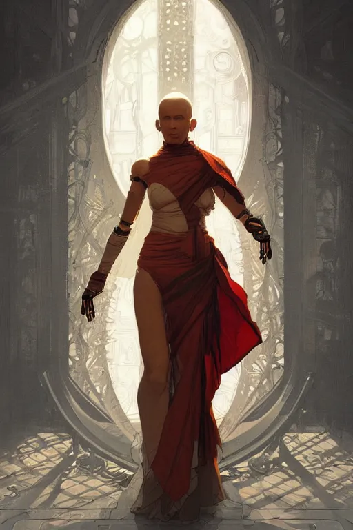 Image similar to Full body robotic monk, portrait, elegant, intricate, digital painting, artstation, concept art, smooth, sharp focus, illustration, art by artgerm and greg rutkowski and alphonse mucha