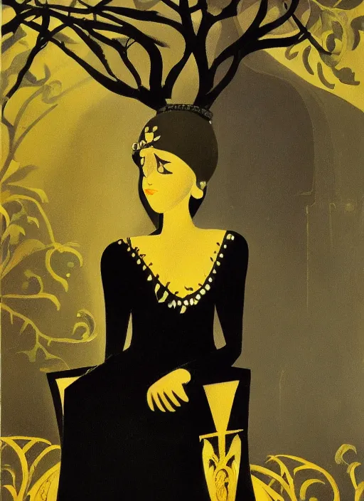 Prompt: an oil painting of a small queen in a black funeral dress sit on a throne, by eyvind earle