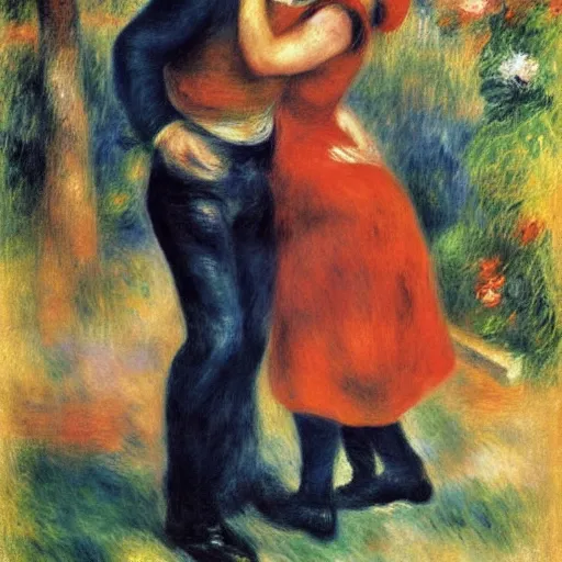 Image similar to art by renoir, man kissing man, people wearing clothes