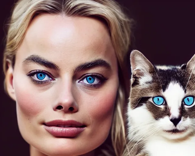 Image similar to A photo of margot robbie holding a beautiful cat, highly detailed, detailed face, beautiful face, blue eyes, 4k, hd, sharp, cinematic