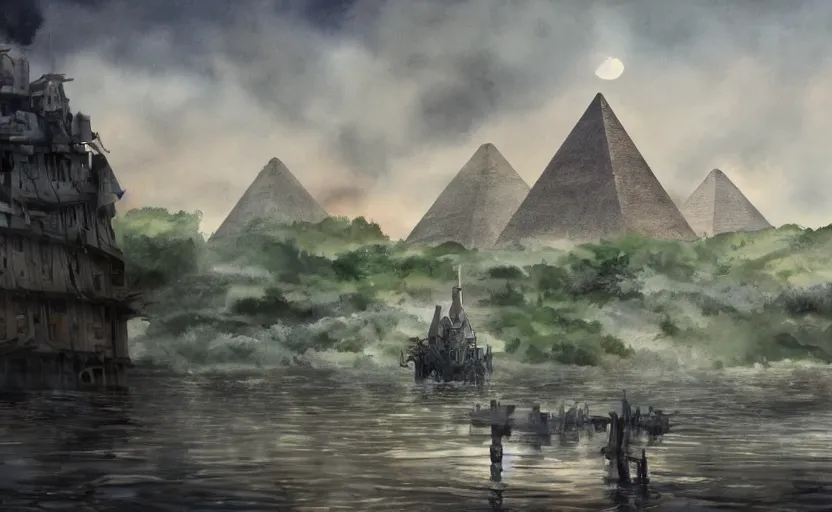 Image similar to a realistic and atmospheric cell - shaded watercolor concept art from howl's moving castle ( 2 0 0 4 ) of a sci - fi city and an egyptian pyramid complex in a flooded rainforest. very dull muted colors, hd, 4 k, hq