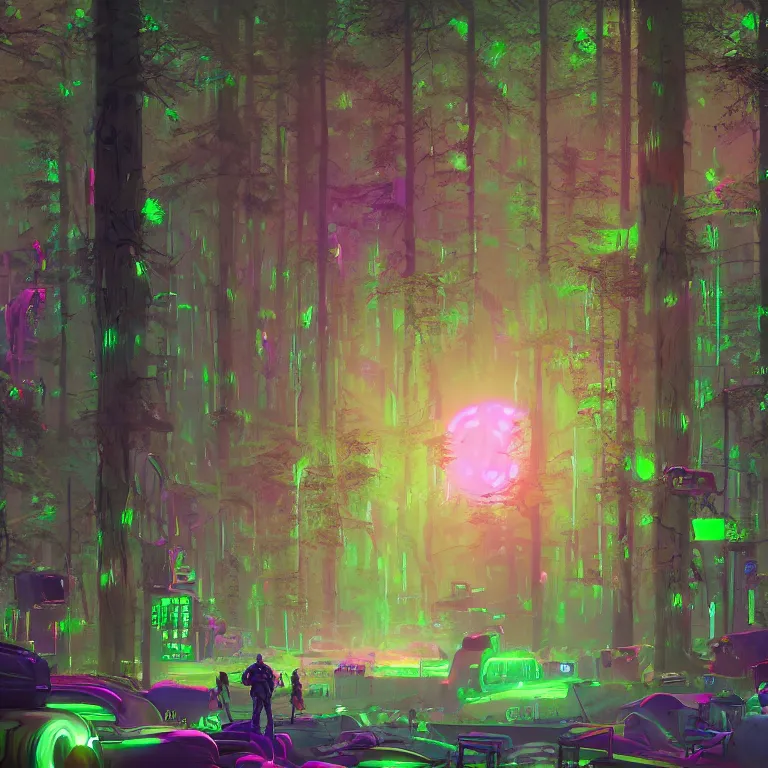 Prompt: A person at a music festival, looking through bright portals, tall trees, loud bass music, rave, speakers, cyberpunk Detailed digital matte painting in the style of simon stalenhag and Bev dolittle artstation, psychedelic