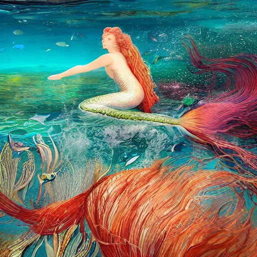 Prompt: a beautiful art installation of a mermaid swimming in the ocean. her long, flowing hair streams behind her as she gracefully navigates the water. a coral reef and colorful fish can be seen in the background. by nicolas mignard, by alyssa monks highly detailed