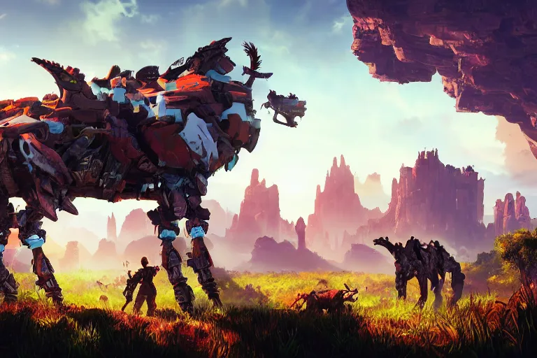 Image similar to grazer machine creature robot of horizon forbidden west horizon zero dawn radiating a glowing aura global illumination ray tracing hdr fanart arstation by ian pesty and alena aenami artworks in 4 k