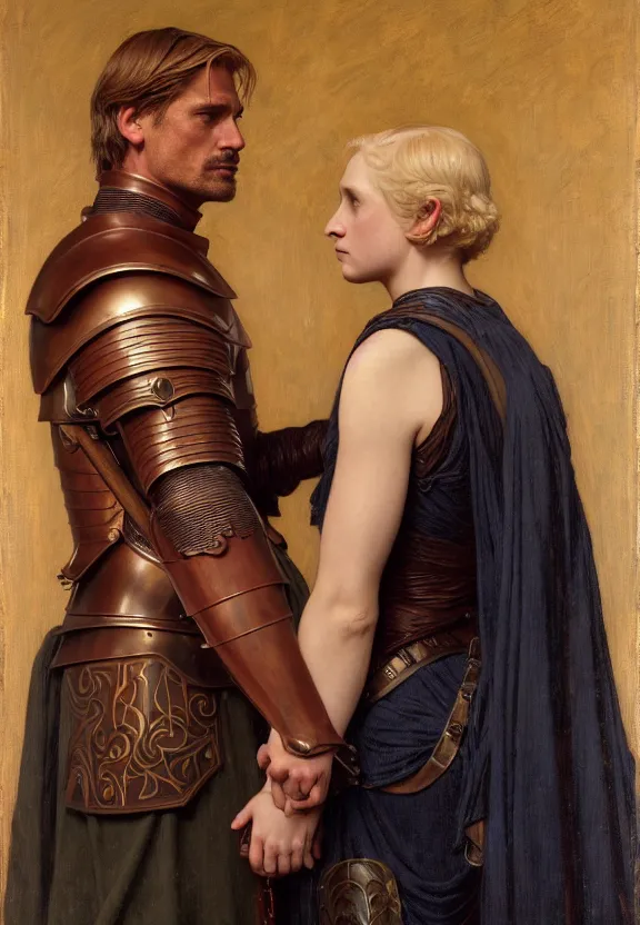 Image similar to attractive handsome fully clothed jaime lannister confesses his love for attractive fully armored brienne of tarth. centered composition. highly detailed painting by gaston bussiere and j. c. leyendecker and william adolphe bouguereau and fra angelico and octane render, musee d'orsay 8 k