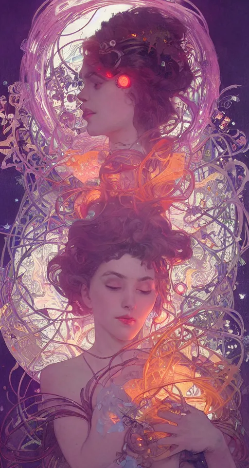 Prompt: she dreams of arcs of purple flame intertwined with glowing sparks, glinting particles of ice, dramatic lighting, steampunk, bright neon, secret holographic cyphers, red flowers, solar flares, high contrast, smooth, sharp focus, intricate art by alphonse mucha and greg rutkowski and ruan jia