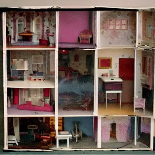 Image similar to liminal space of a doll house, found footage, backrooms, spooky