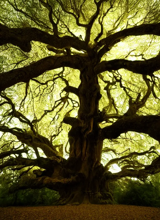 Image similar to very old huge oak tree with fluorescent glowing sigils on bark, glowing metallic leaves