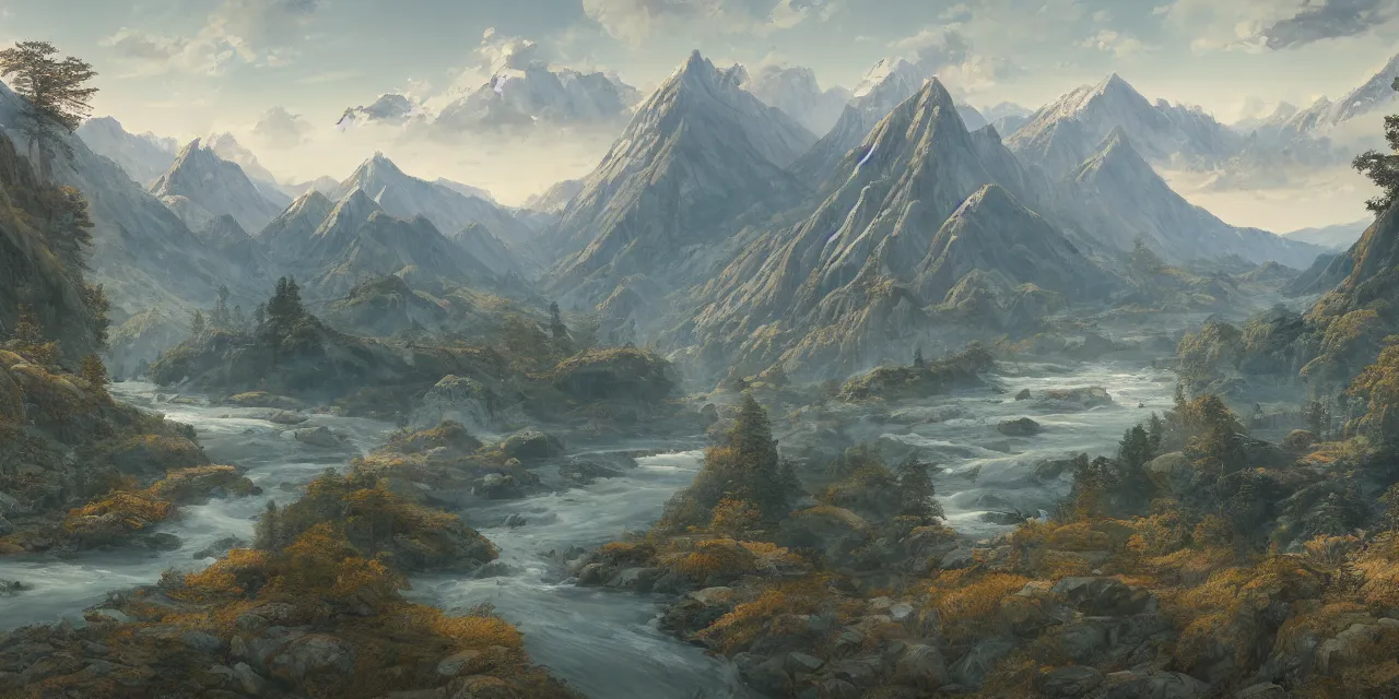 Image similar to a beautiful painting of a scene about a panorama of rivers and mountains, by yuumei and james jean, trending on artstation., ultrawide viewn and highly detailed matte painting