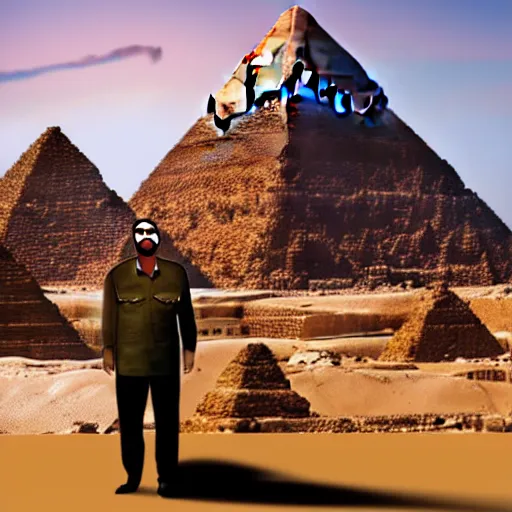 Prompt: portrait of fidel castro traveling in egypt, with giza city on his background, photorealistic, very detailed, highly intricated