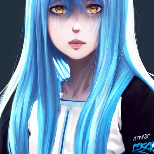 Image similar to profile shot of rimuru tempest, sky blue hair, straight hair, pretty, long bangs, amber eyes, all black jacket with white stripes, high collar, highly detailed, unreal engine 5, color block, digital painting, concept art, cinematic, wlop | artgerm, pixiv, greg rutkowski, ilya kuvshinov, andy warhol