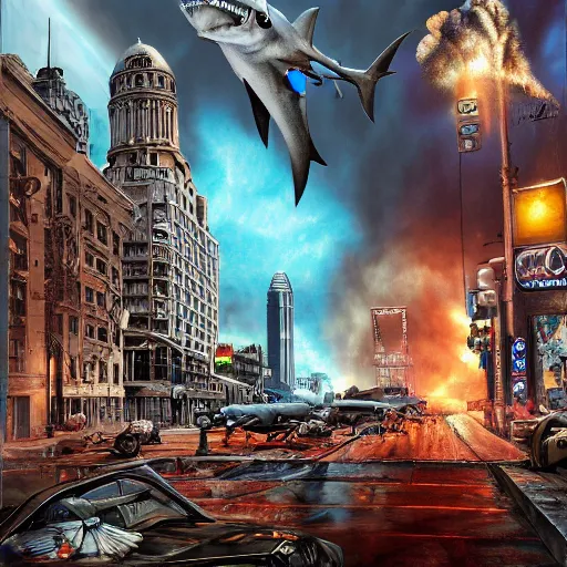 Prompt: sharknado in the center of dallas, extreme realism, huge explosion, massive destruction, extremely detailed digital painting, highly detailed, 1 9 2 0's colored pencil art style, deep aesthetic, 8 k, highly ornate intricate details, cinematic lighting, rich colors, digital artwork, ray tracing, hyperrealistic, photorealistic, cinematic landscape, trending on artstation,