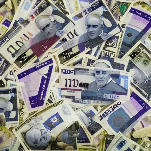 Prompt: A medium shot photograph of the pope laying on a huge pile of euro bills, 4k ultrahd