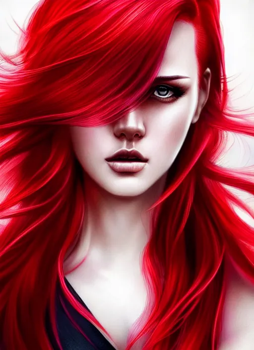 Image similar to photo of gorgeous woman with her right die hair dyed red and left side hair white in the style of stefan kostic, realistic, half body shot, sharp focus, 8 k high definition, insanely detailed, intricate, elegant, art by stanley lau and artgerm, foggy backgeound