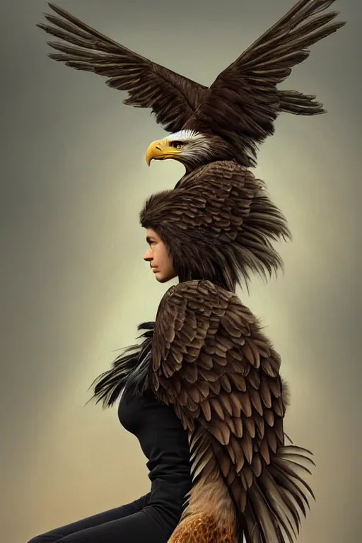 Image similar to epic professional digital art of sitting female human - eagle hybrid wearing human air force jumpsuit, feathered head, eagle beak, sitting, sitting, by lisa roet, reyna rochin, ignacio fernandez rios, leesha hannigan, wayne haag, artstation, cgsocietywlop, epic, much wow, much detail, gorgeous, detailed, 4 k