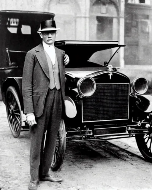 Prompt: 1 9 2 0 s photo of a person standing next to a tesla model t