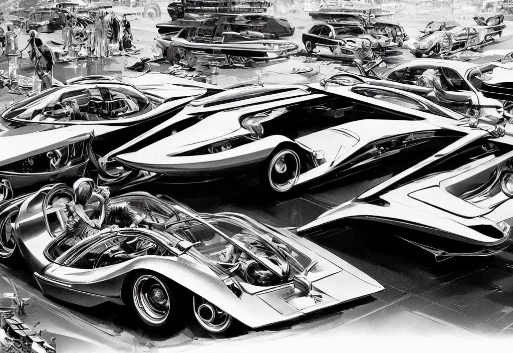 Image similar to an extremely complex and advanced car from the 1960s, extreme plus resolution fantasy concept art, intricate details to everything visible, sharp lighting, Dramatic light by Denis Villeneuve, strong emphasis on Syd Mead and Robert McCall