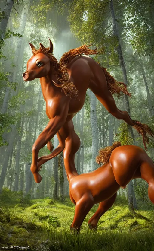 Image similar to photograph of a female centaur in a birch forest, huge detailed muscles in jeff koons hip hop bauhaus style, beautiful detailed face, ultra realistic, concept art, intricate details, serious, highly detailed, photorealistic, octane render, 8 k, unreal engine, natural light, art by todd mcfarlane