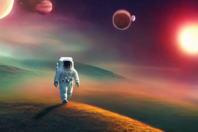 Prompt: Astronaut walking on a landscape of a beautiful enchanted fantasy world. Colorful. Cinematic lighting. Photorealism.