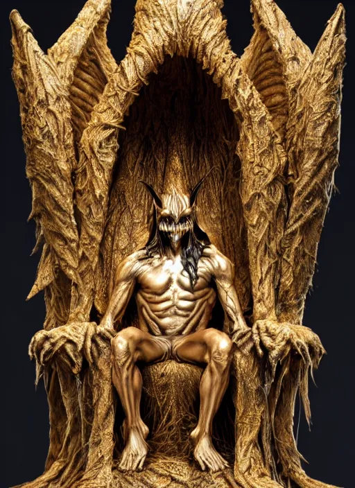 Prompt: photo taken of an epic intricate, ultra detailed, super realistic sculpture of a hooded satanic figure sitting on a nightmarish throne, sculpture on display, created by weta workshop, photorealistic, sharp focus, f 0. 4, face centred, golden ratio