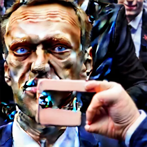 Prompt: alexey navalny takes a selfie in front of dead rotten face of putin in coffin, insane details, clear face and eyes, textured, 8 k, professional photography