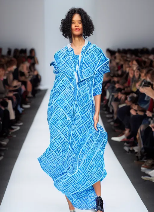 Image similar to full shot of beautiful model on runway wearing a blue roses dress in the style of issey miyake
