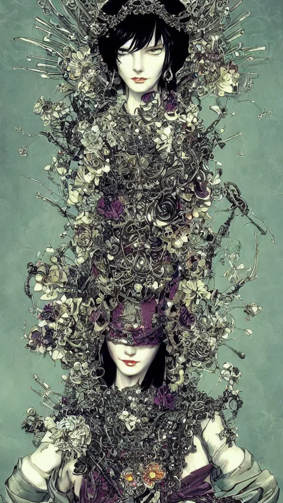 Image similar to cyberpunk fashion a beautiful black haired woman with pale skin and a crown on her head sitted on an intricate metal throne skin wrapped in flowers and wired, vintage style, by yoichi hatakenaka, masamune shirow, josan gonzales and dan mumford, ayami kojima, takato yamamoto, barclay shaw, karol bak, yukito kishiro