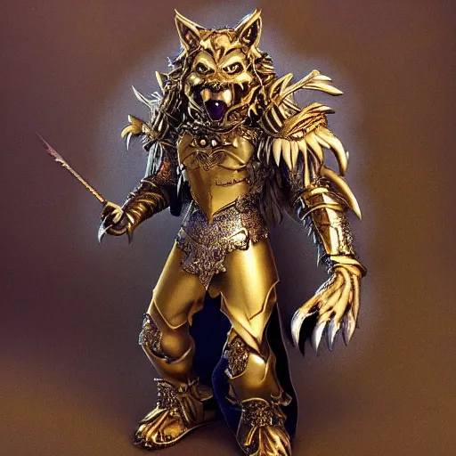 Prompt: werewolf prince, ornate golden armor