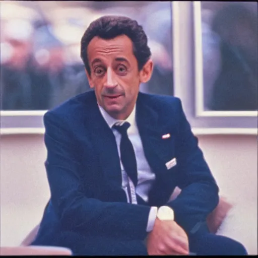 Image similar to 80s movie still portrait of Nicolas Sarkozy, cinestill 800t, lowest quality many artefact blurry, VHSrip